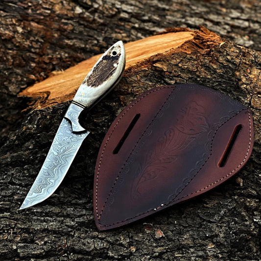Custom Handmade Hunting Skinner Knife – Damascus Steel Blade with Stag Handle & Leather Sheath | DRSKNIVES HUB