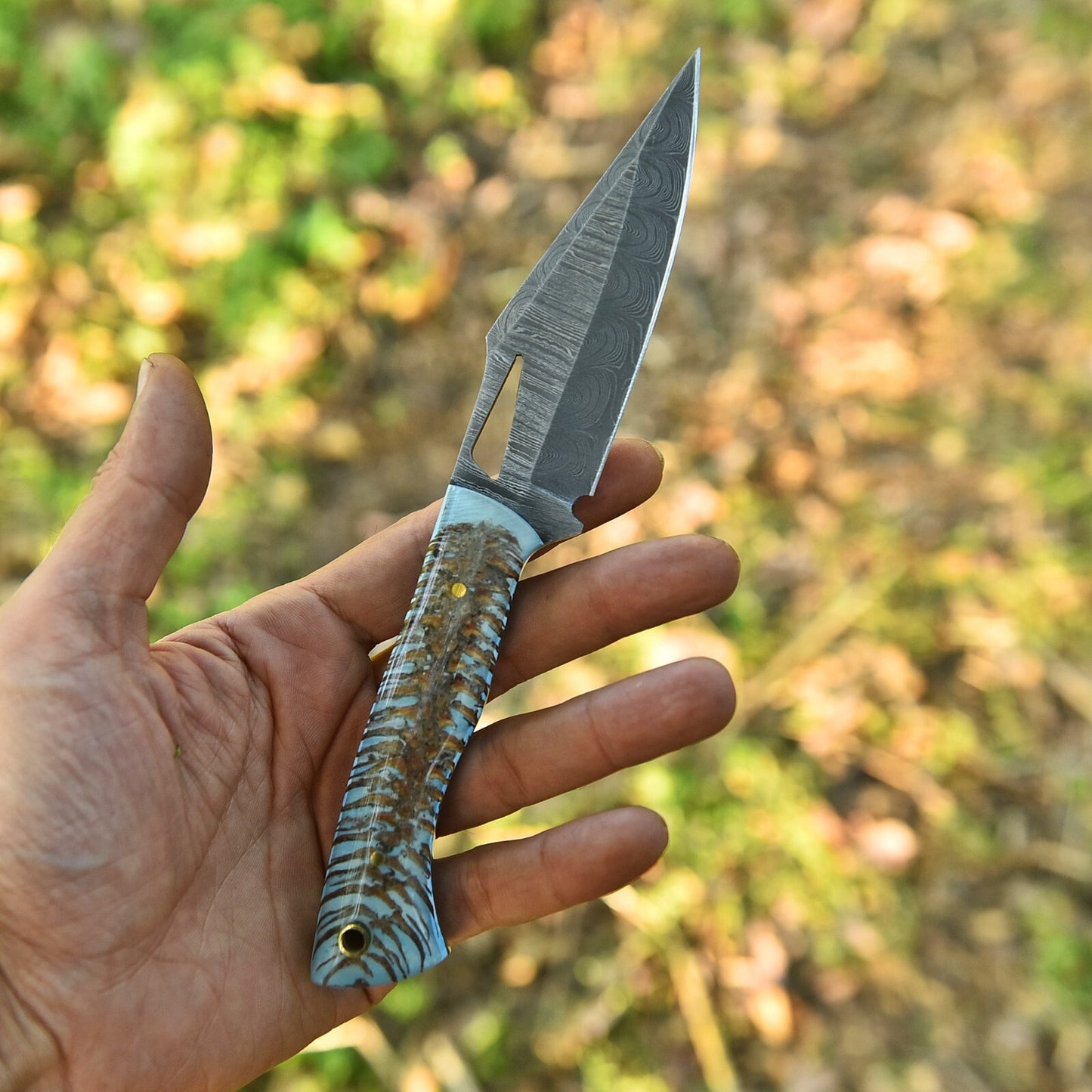 Handcrafted Damascus Steel Hunting and EDC Knife with Stabilized Pine Cone Corelon Handle