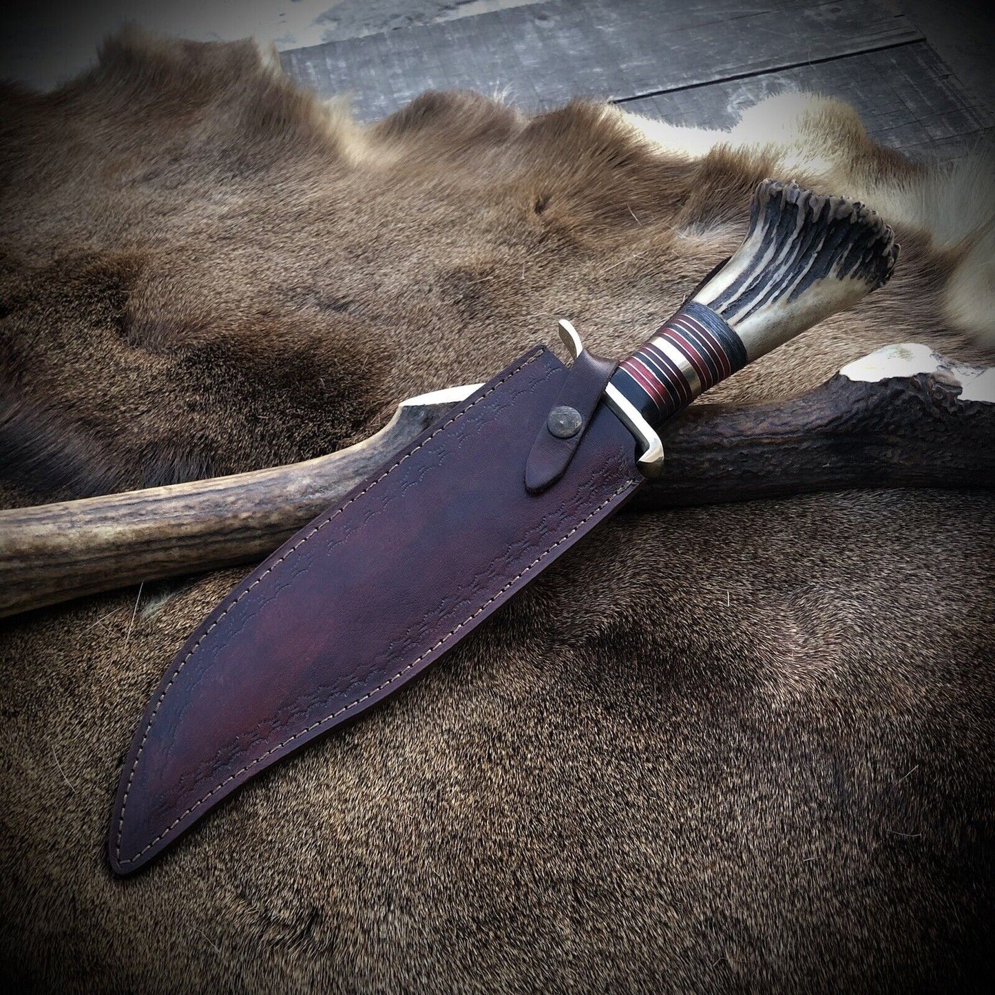 Bowie  Knife Custom Made Fixed Blade Damascus Hunting With Leather Sheath