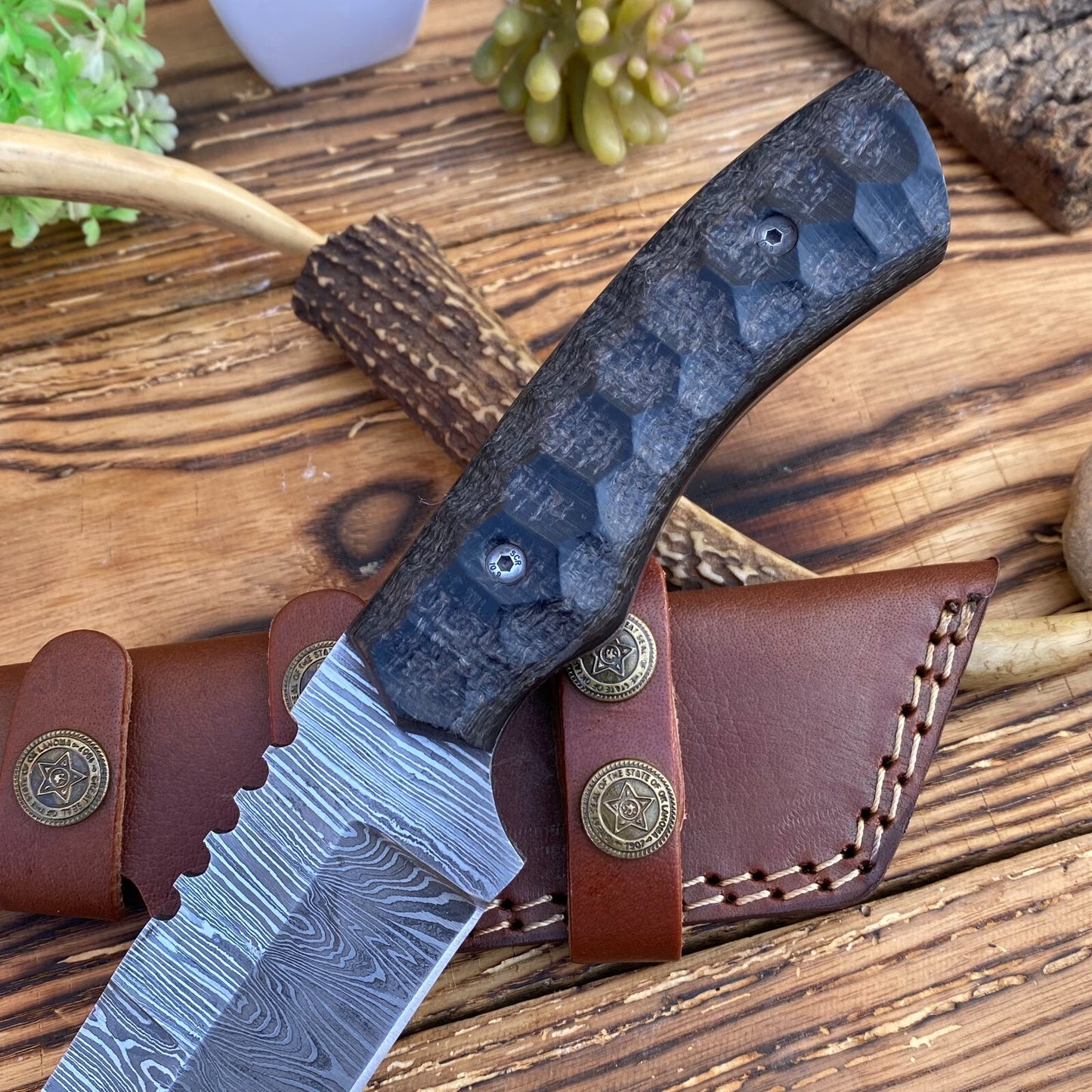 Hand-Forged Damascus Steel Tanto Blade Hunting & Tactical Knife with Leather Sheath | DRSKNIVES HUB 