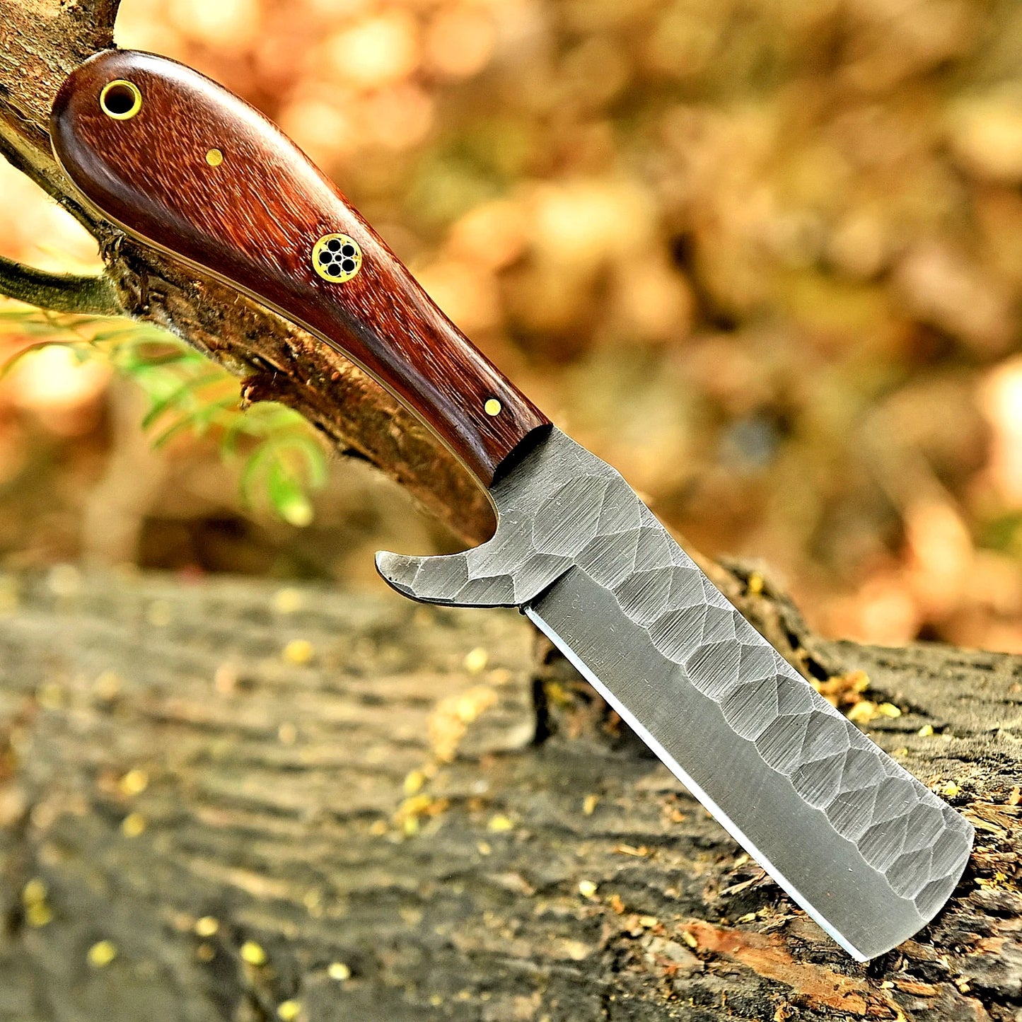 Custom Hand Forged High Carbon Steel Bull Cutter Knife – Wood Handle with Leather Sheath