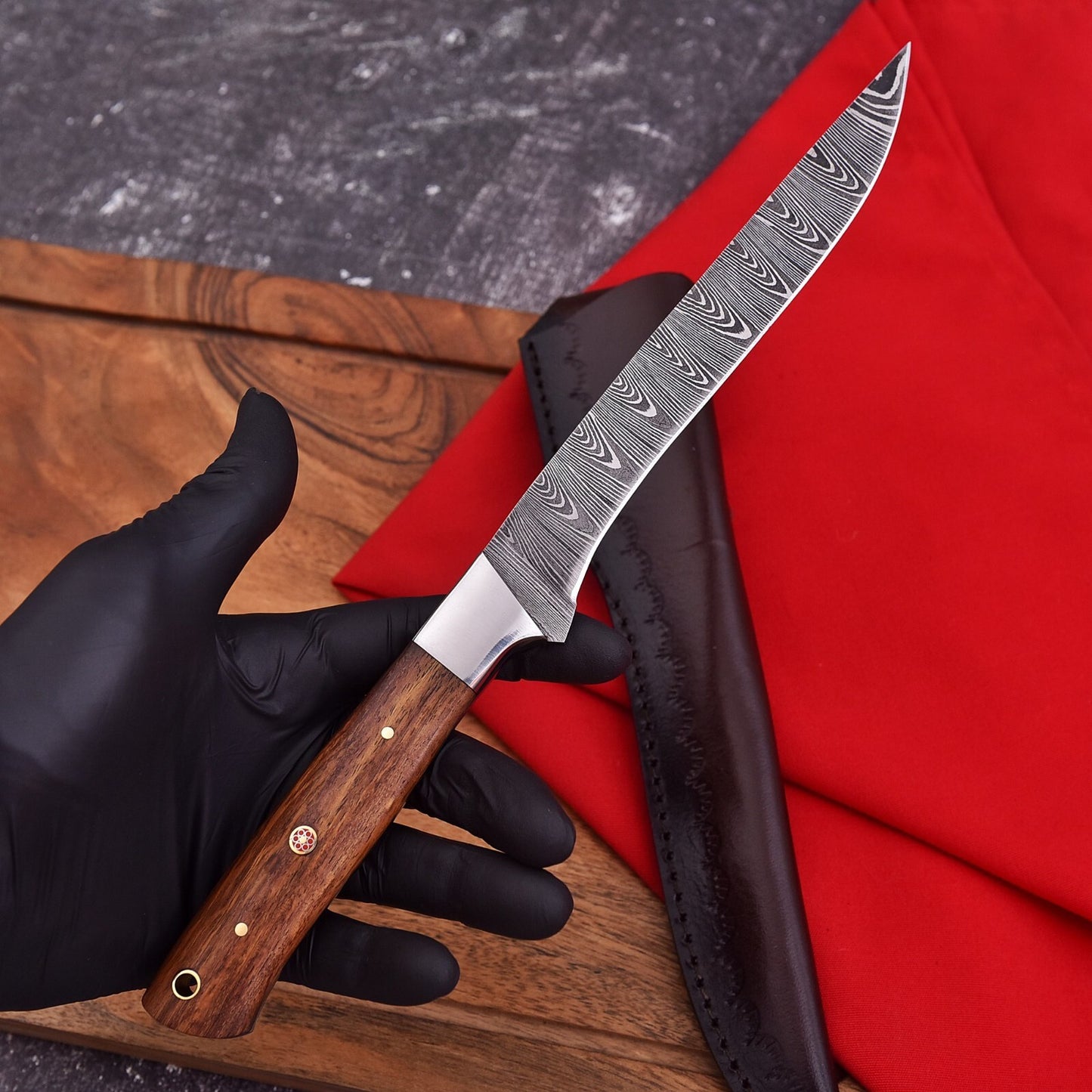 Custom Hand Forged  Damascus Steel  11.8" Fillet Knife Hunting Fishing Rosewood Handle With Leather Sheath Cover