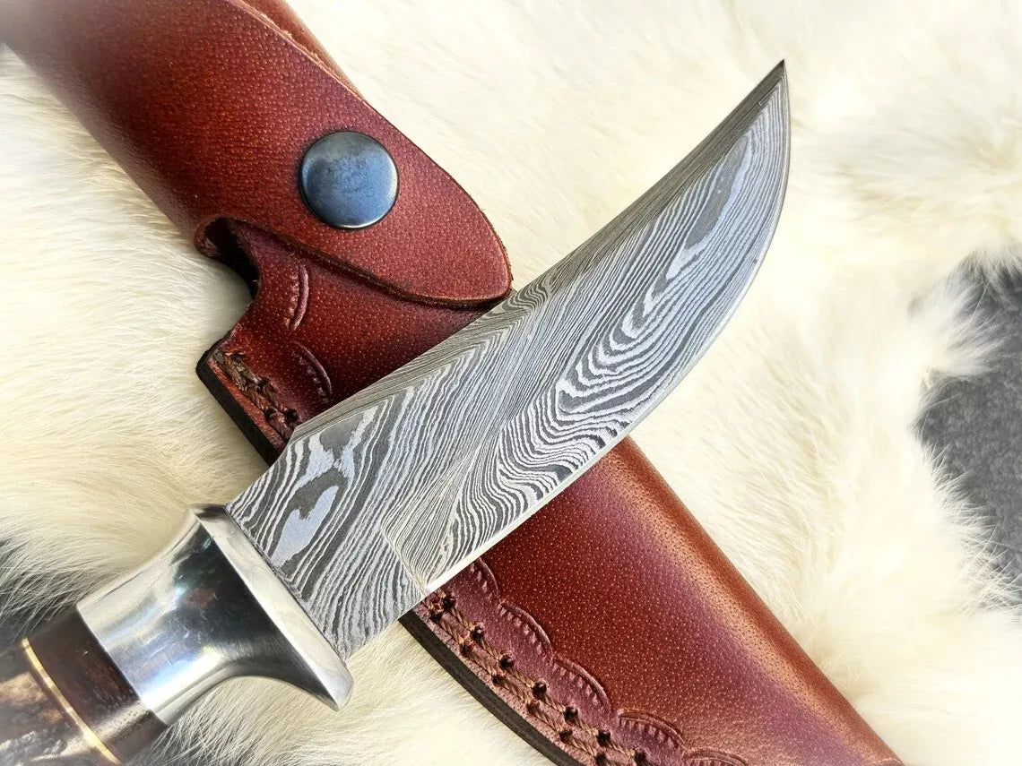 Damascus Steel Knife, Deer Antler Knife, Personalized Pocket Handmade Hinting ,outdoor, Camping Knife