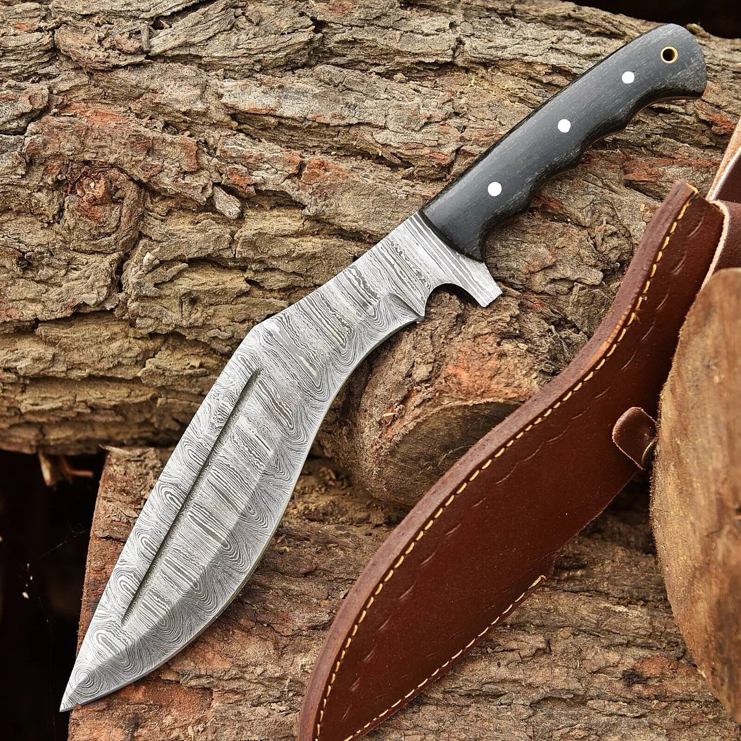 16" Custom Damascus Steel Kukri Knife – Hand-Forged Fixed Blade with Leather Sheath | DRSKNIVES HUB