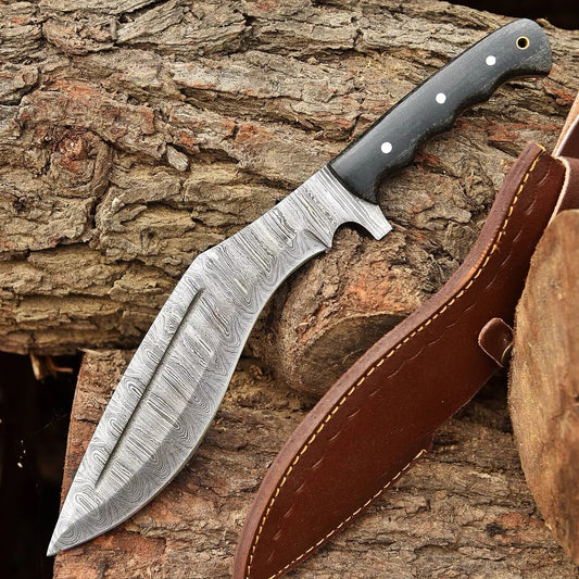16" Custom Damascus Steel Kukri Knife – Hand-Forged Fixed Blade with Leather Sheath | DRSKNIVES HUB
