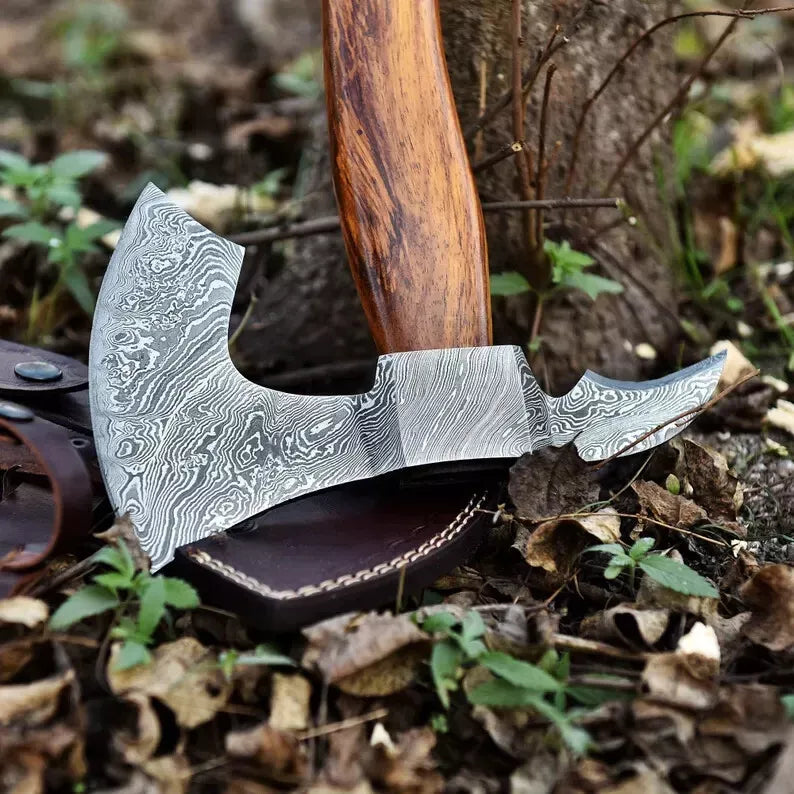 Custom Handmade Damascus Steel Battle & Hunting Axe with Leather Sheath | DRSKNIVES HUB