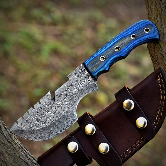 Handmade Tracker Knife – Damascus Steel Blade with Blue Wood Handle | Full Tang, 9" Overall Length |DRSKNIVES HUB