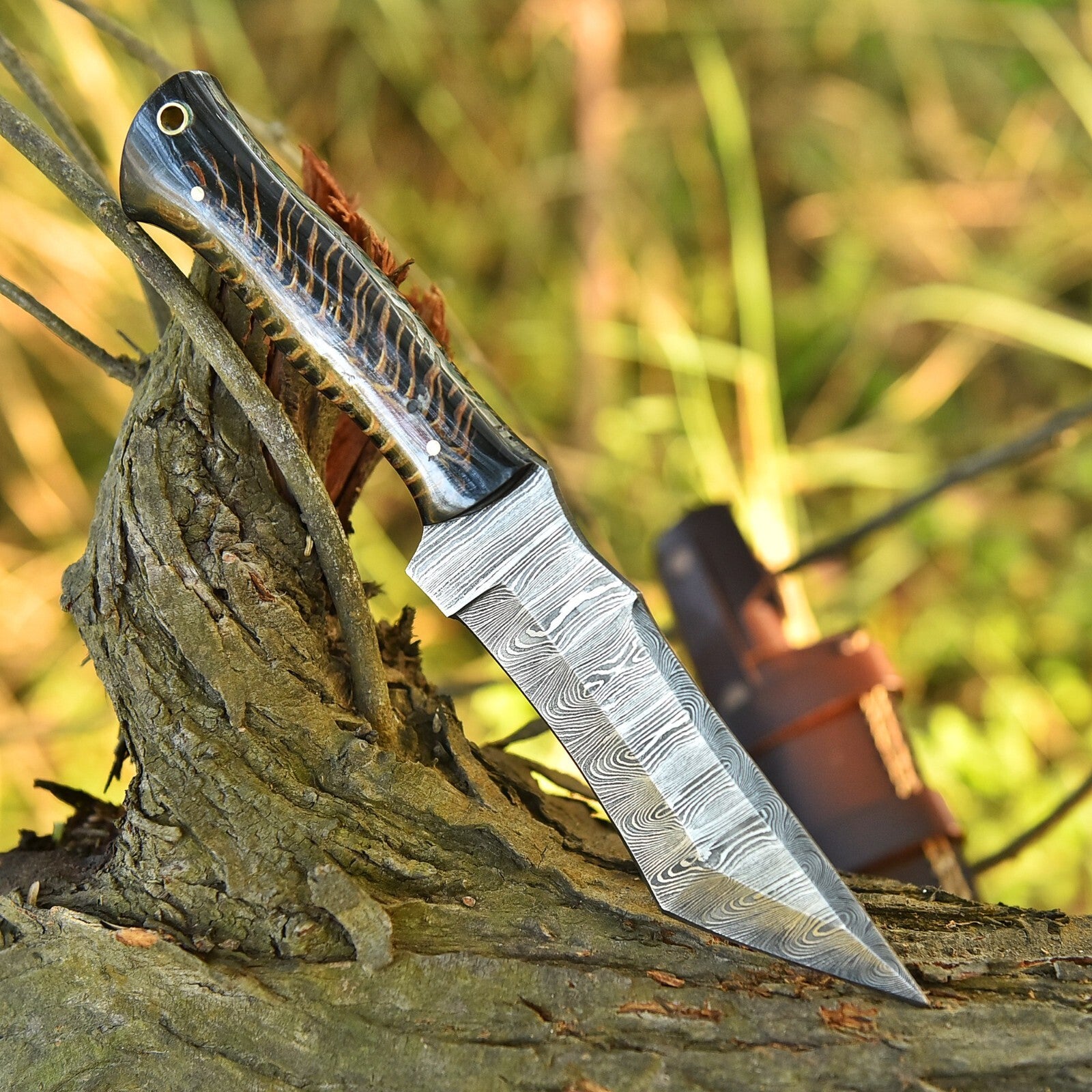 Damascus Steel Tanto Camping Knife | Pine Cone Handle || DRSKNIVES HUB
