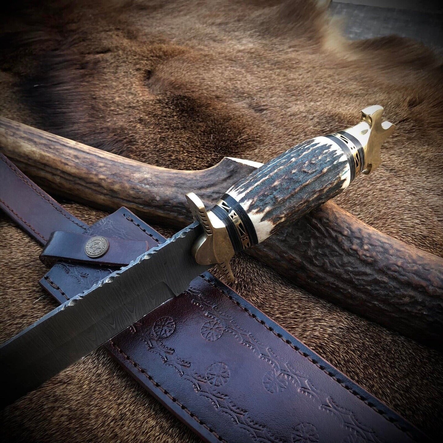 Antler Cross Bowie Custom Made Fixed Blade Damascus Hunting With Leather Sheath