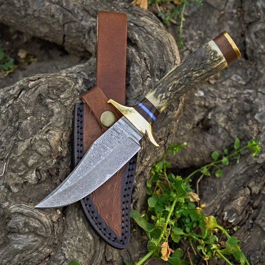 Hand-Forged Damascus Steel Hunting , Bowie Knife – Stag Handle with Brass Guard & Leather Sheath | DRSKNIVES HUB