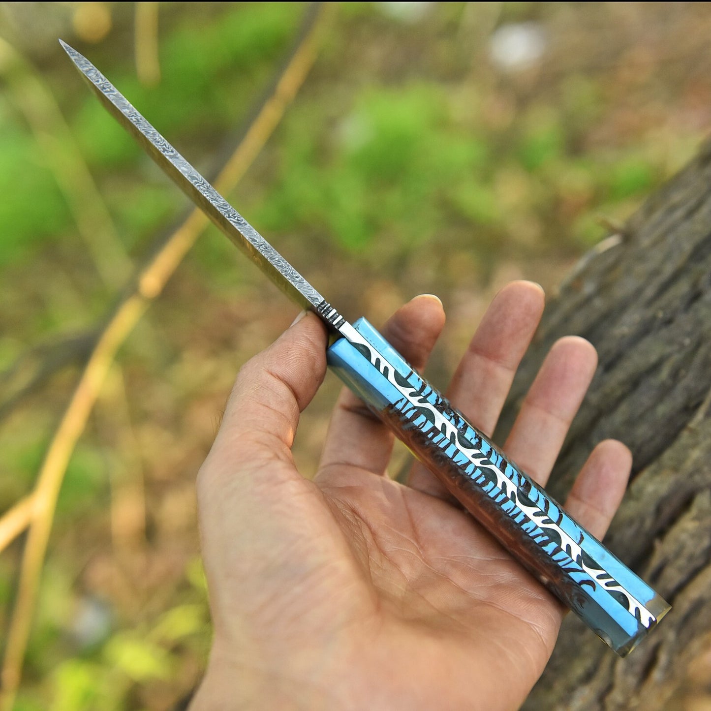 Hand Forged Damascus Steel Blade Tanto Knife Pine Cone Handle Hunting Knife With Leather Sheath Cover