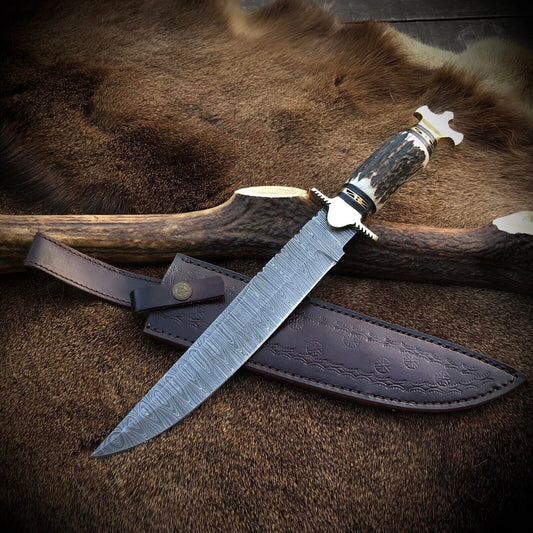 Antler Cross Bowie Custom Made Fixed Blade Damascus Hunting With Leather Sheath