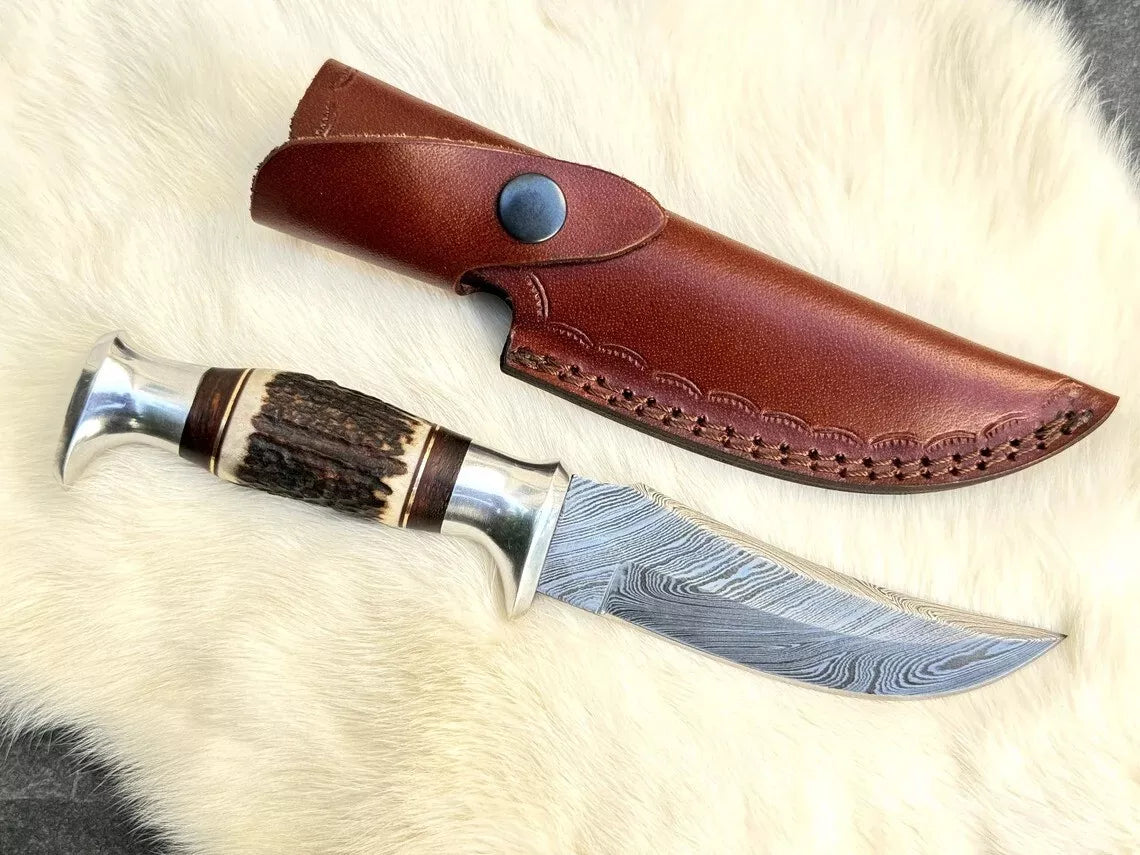 Damascus Steel Knife, Deer Antler Knife, Personalized Pocket Handmade Hinting ,outdoor, Camping Knife