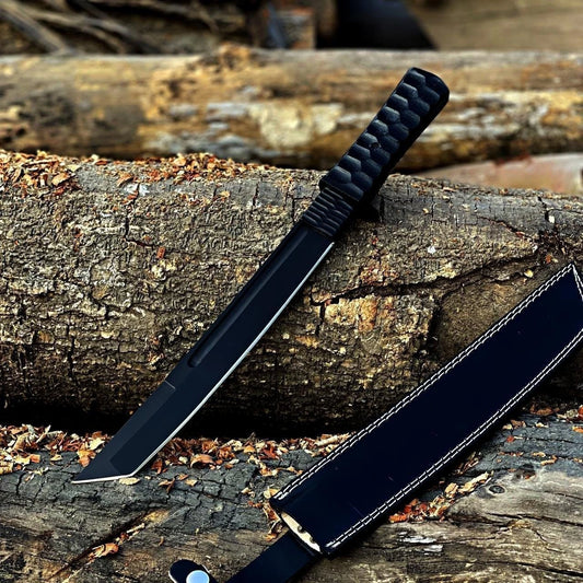 Hand-Forged Carbon Steel Tanto Knife – Black Tactical Survival Blade with Leather Sheath | DRSKNIVES HUB 