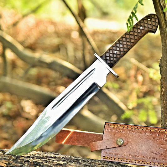 Handmade Stainless Steel Blade Bowie Knife Wooded Handle With Leather Sheath Cover