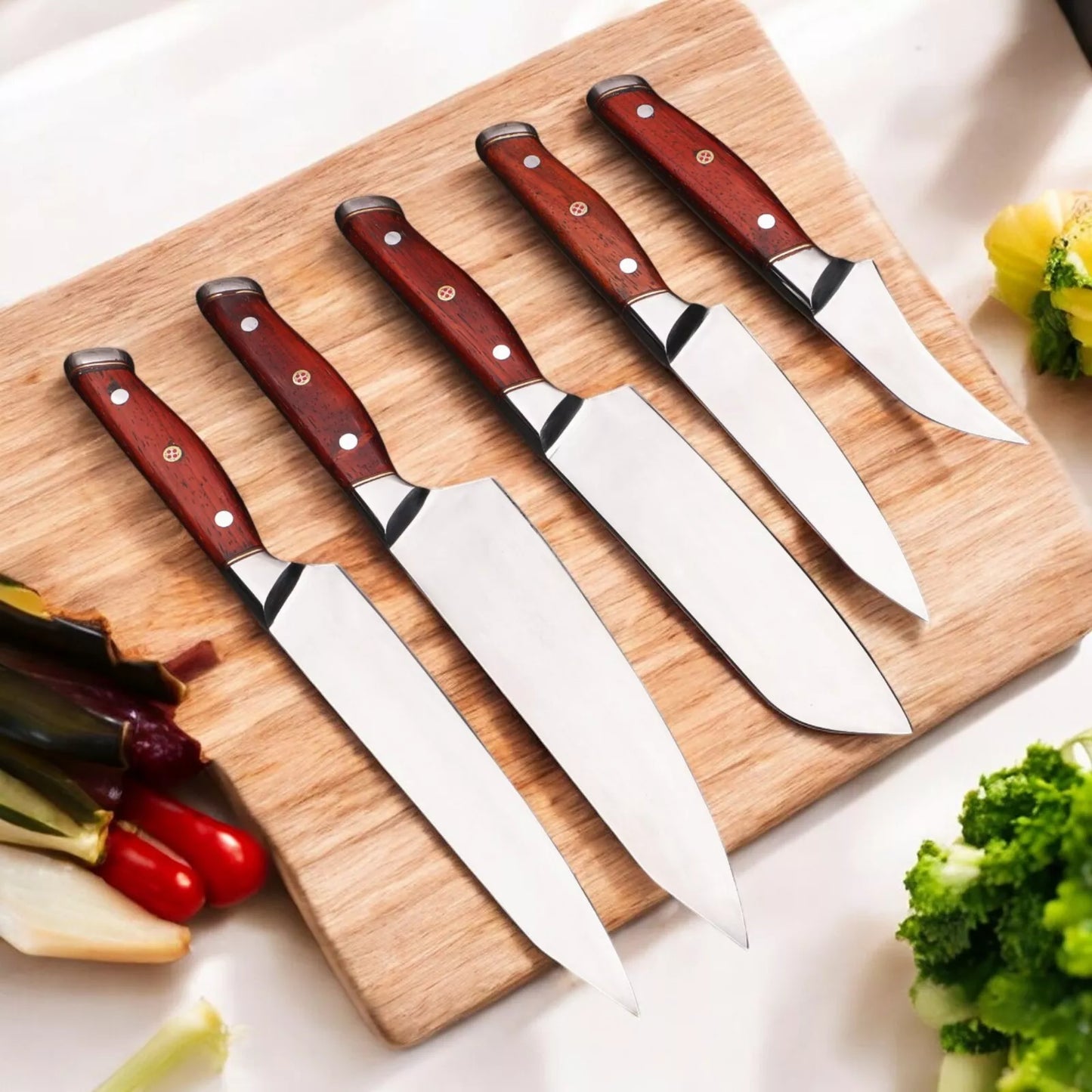 5PCS HANDMADE KITCEHN SET FULL TANG KNIVES SET WITH LEATHER COVER || DRS KNIVES HUB