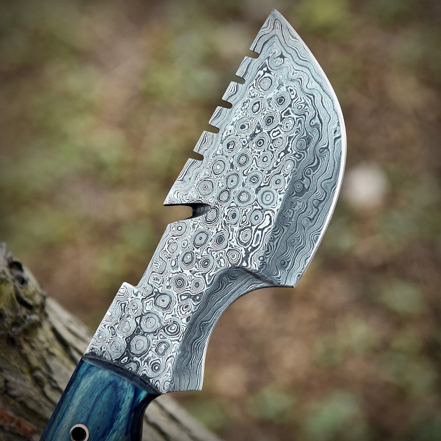 Handmade Tracker Knife – Damascus Steel Blade with Blue Wood Handle | Full Tang, 9" Overall Length |DRSKNIVES HUB