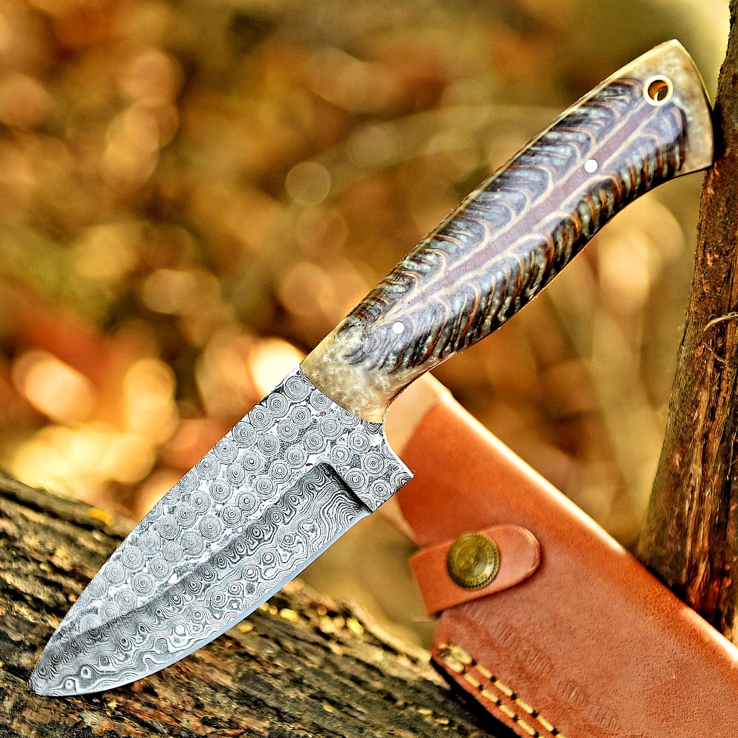 Damascus Steel Blade Hunting Knife Camping Survival Knife With Leather Sheath Cover 