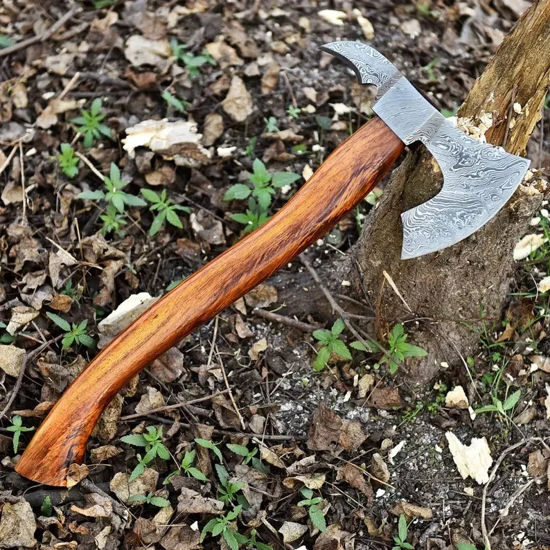 Custom Handmade Damascus Steel Battle & Hunting Axe with Leather Sheath | DRSKNIVES HUB