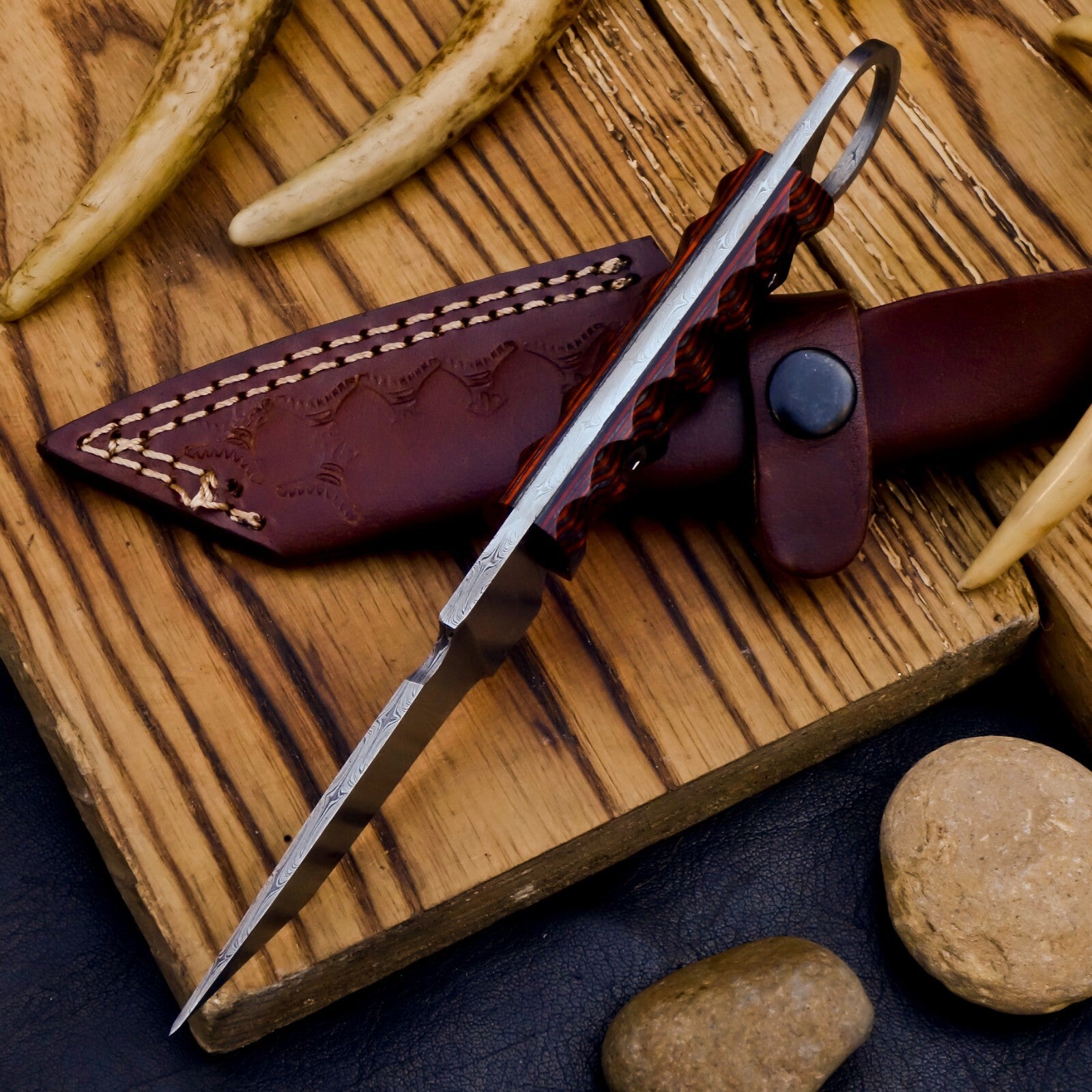 Hand-Forged Damascus Steel Full Tang Tactical EDC Knife with Ring Handle & Leather Sheath | DRSKNIVES HUB| DRSKNIVES HUB