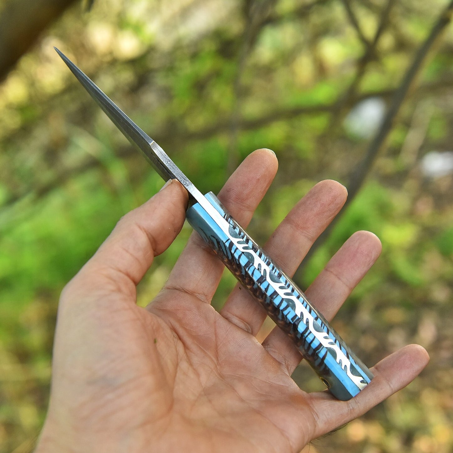 Handcrafted Damascus Steel Hunting and EDC Knife with Stabilized Pine Cone Corelon Handle