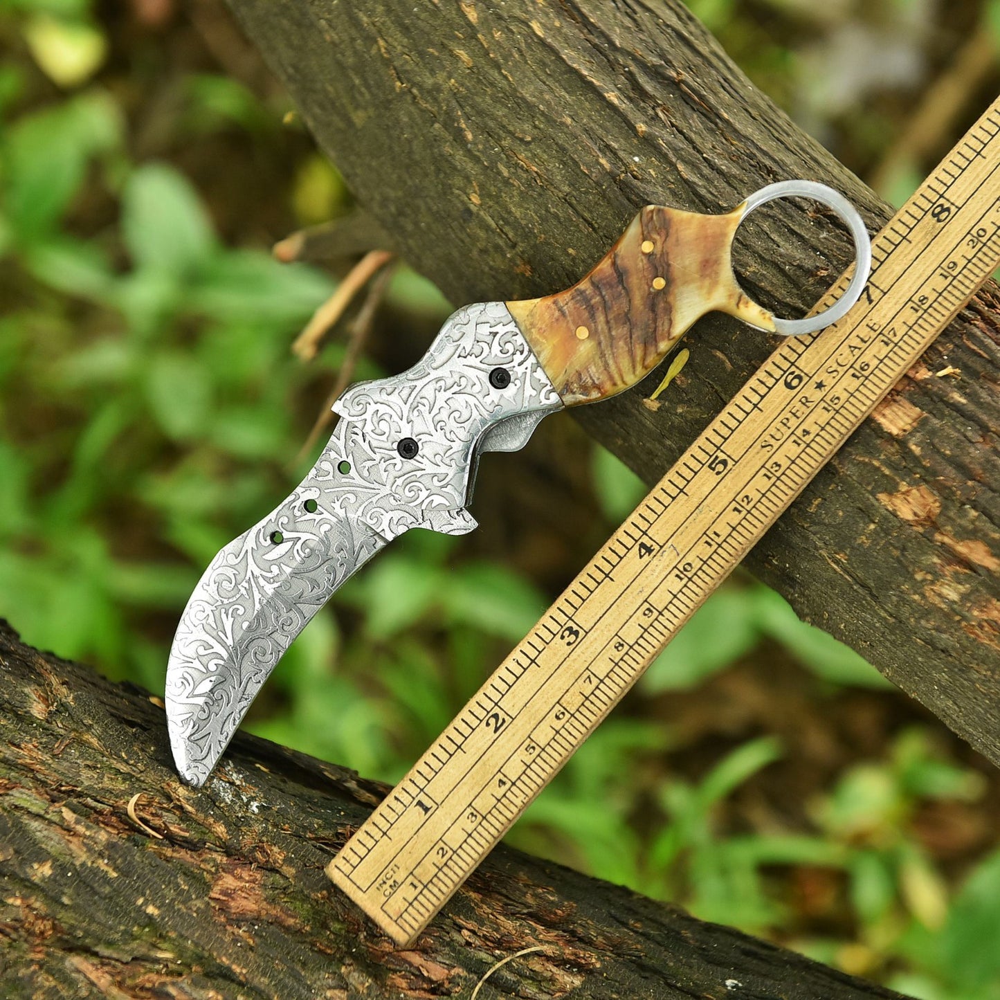 Handmade Folding Karambit Blade Pocket Knife - Engraved Blade With Leather Cover