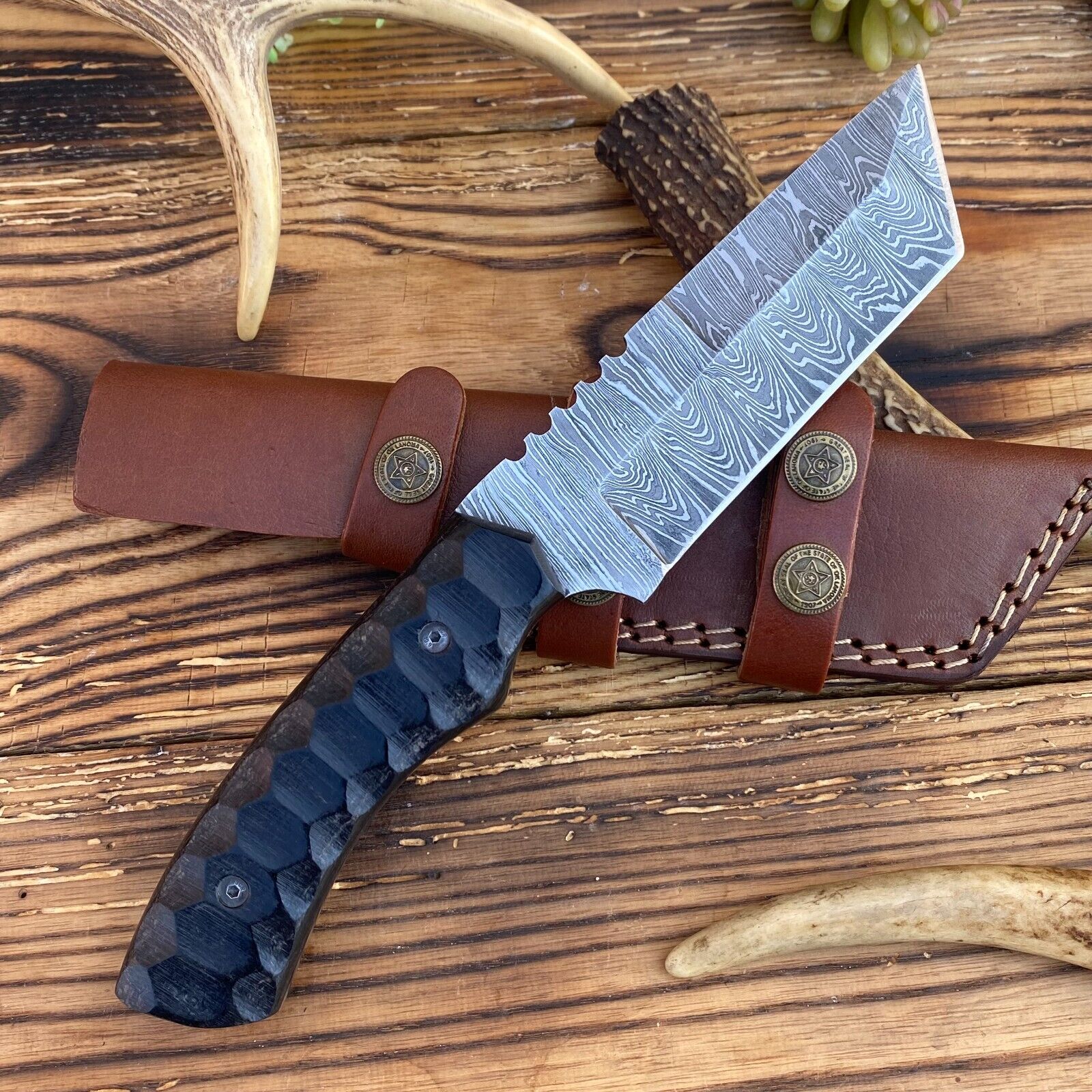 Hand-Forged Damascus Steel Tanto Blade Hunting & Tactical Knife with Leather Sheath | DRSKNIVES HUB 