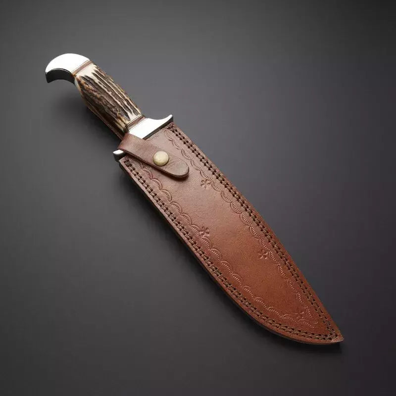 Custom Handmade Carbon Steel Hunting Knife with Stag Horn Handle Leather Includes Leather Sheath | DRSKNIVES HUB