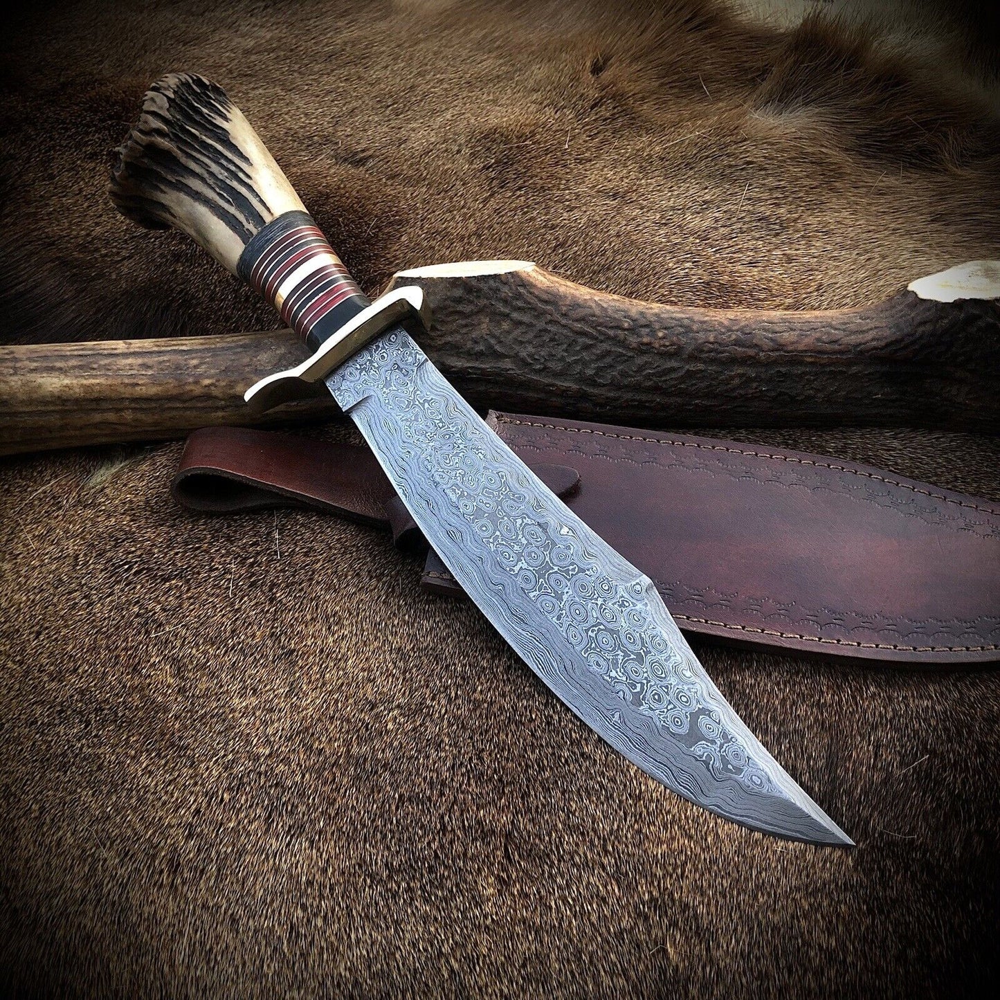 Bowie  Knife Custom Made Fixed Blade Damascus Hunting With Leather Sheath