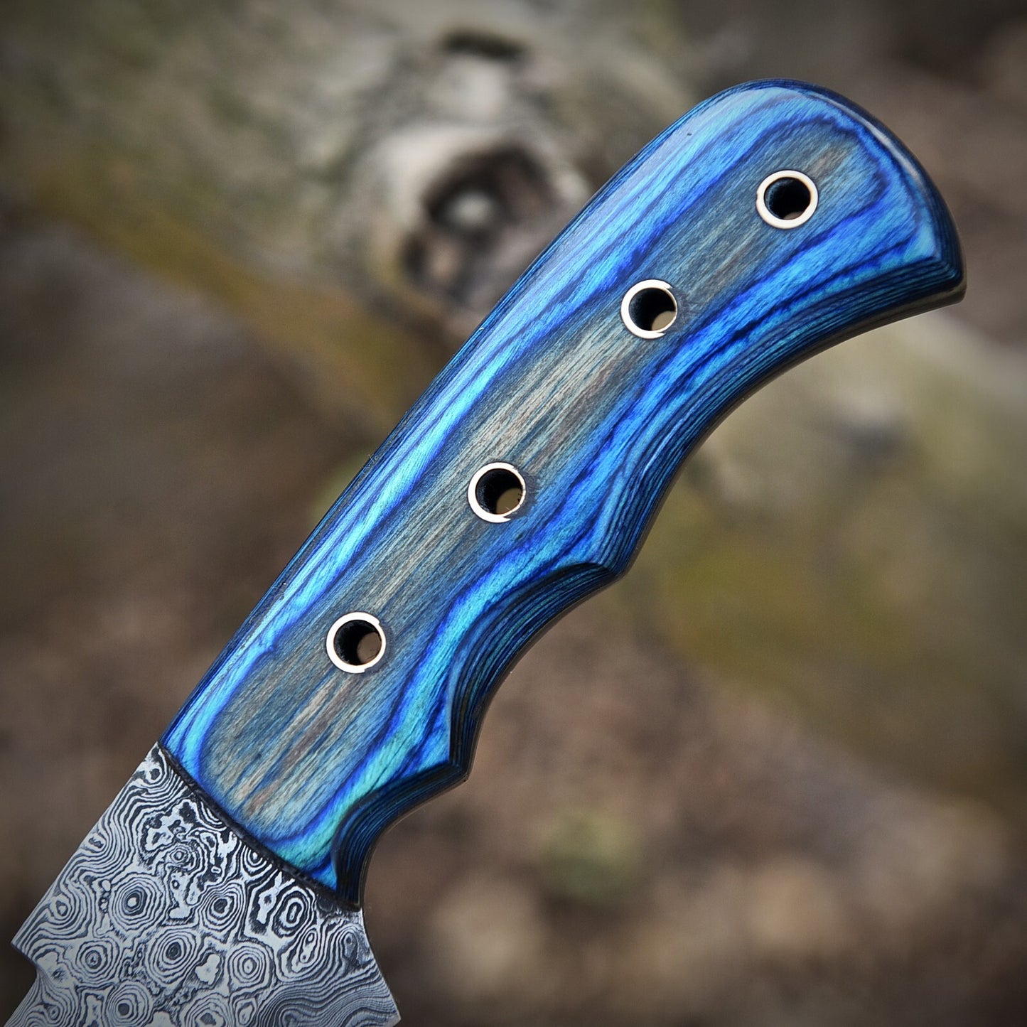 Handmade Tracker Knife – Damascus Steel Blade with Blue Wood Handle | Full Tang, 9" Overall Length |DRSKNIVES HUB