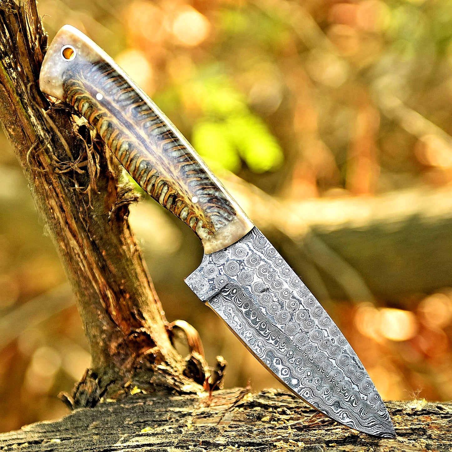 Damascus Steel Blade Hunting Knife Camping Survival Knife With Leather Sheath Cover 