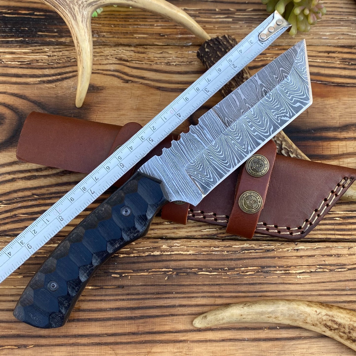 Hand-Forged Damascus Steel Tanto Blade Hunting & Tactical Knife with Leather Sheath | DRSKNIVES HUB 