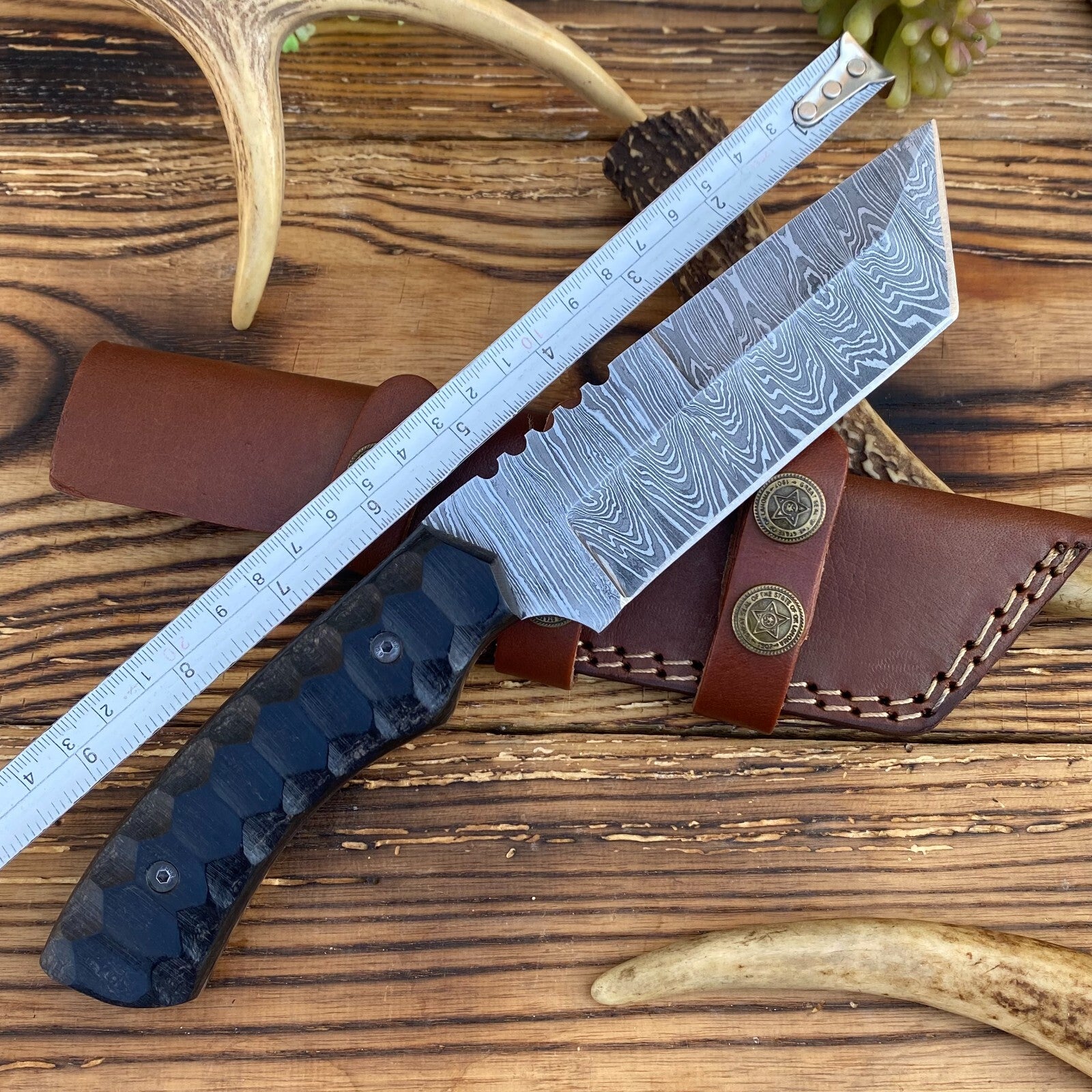 Hand-Forged Damascus Steel Tanto Blade Hunting & Tactical Knife with Leather Sheath | DRSKNIVES HUB 