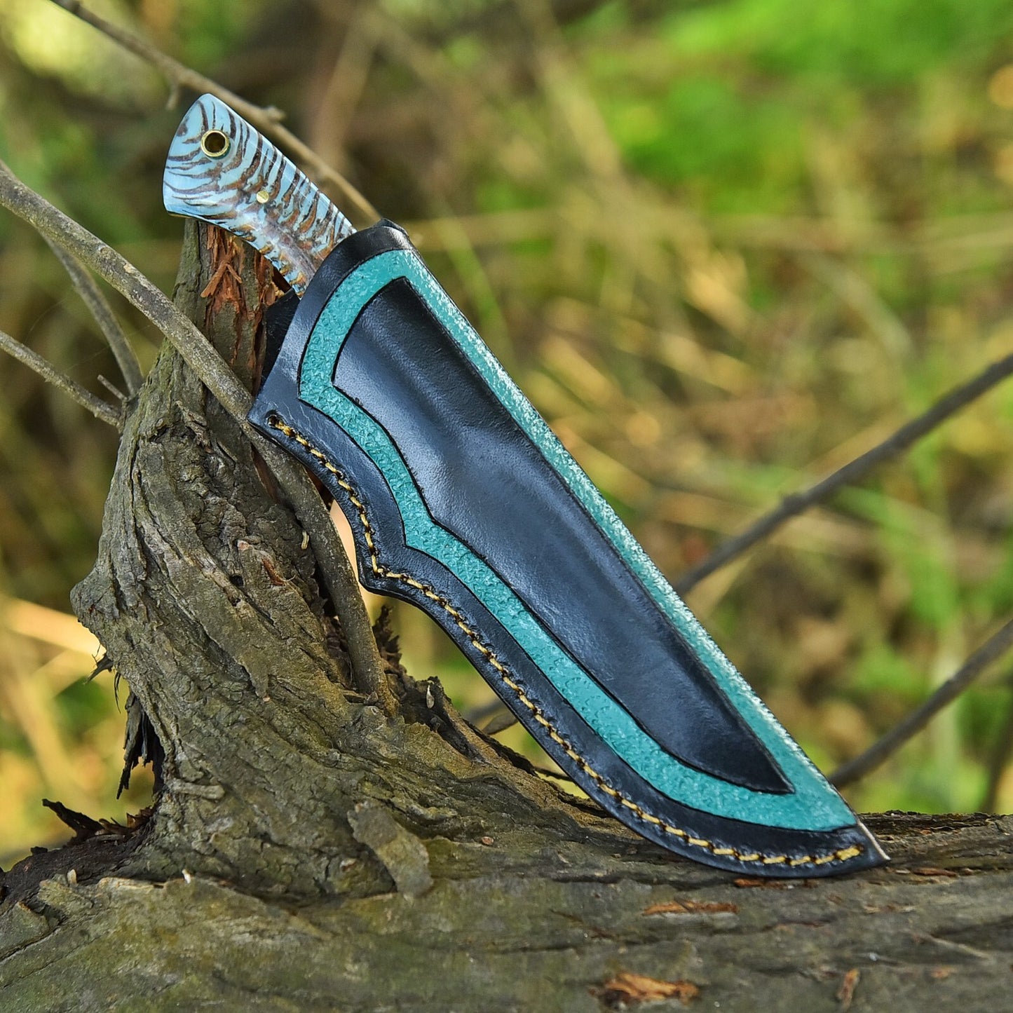 Handcrafted Damascus Steel Hunting and EDC Knife with Stabilized Pine Cone Corelon Handle