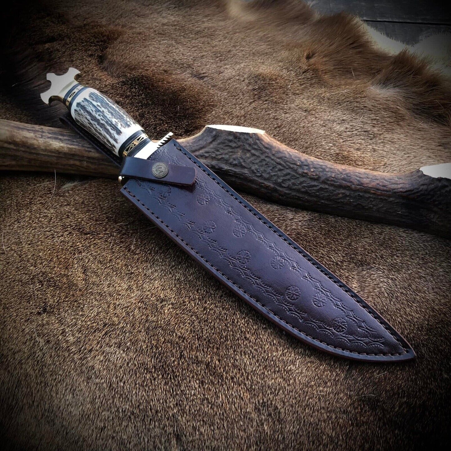 Antler Cross Bowie Custom Made Fixed Blade Damascus Hunting With Leather Sheath