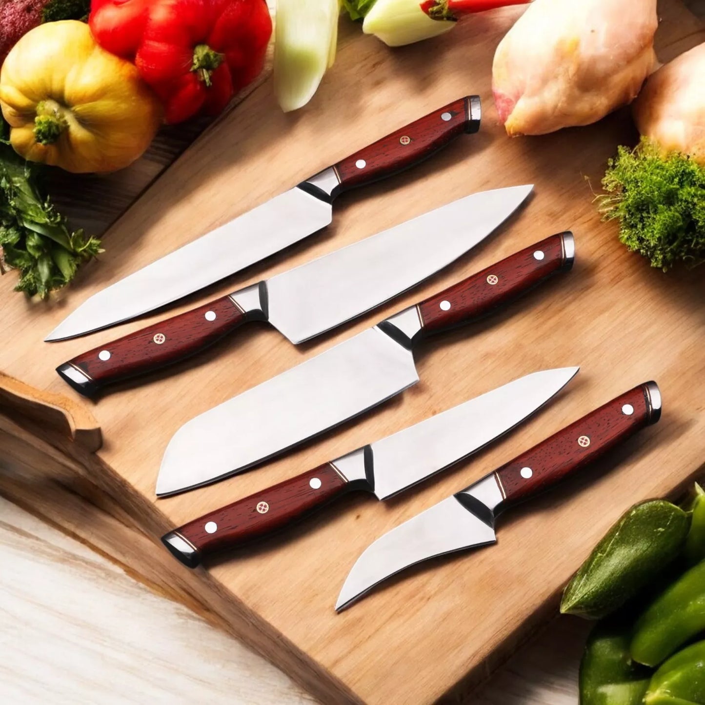 5PCS HANDMADE KITCEHN SET FULL TANG KNIVES SET WITH LEATHER COVER || DRS KNIVES HUB