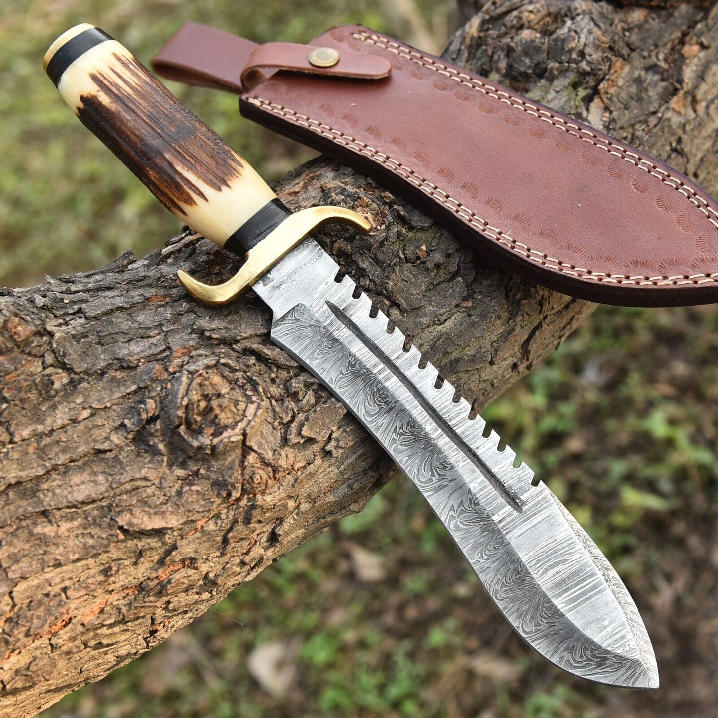 Custom Hand‑Forged 512‑Layer Damascus Steel Hunting Bowie Knife – 15.5″ Overall with Brass & Bone Handle | DRSKNIVES HUB