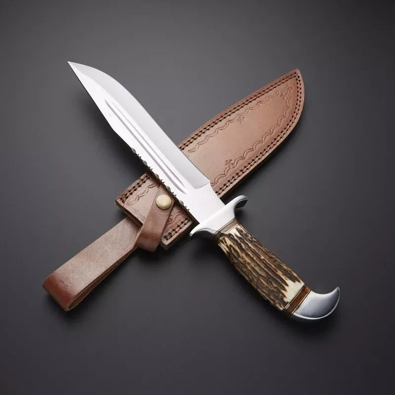Custom Handmade Carbon Steel Hunting Knife with Stag Horn Handle Leather Includes Leather Sheath | DRSKNIVES HUB