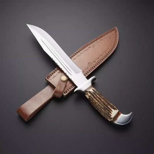 Custom Handmade Carbon Steel Hunting Knife with Stag Horn Handle Leather Includes Leather Sheath | DRSKNIVES HUB