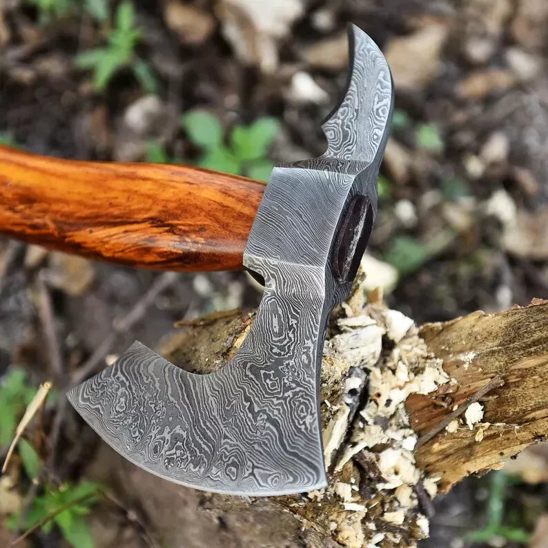 Custom Handmade Damascus Steel Battle & Hunting Axe with Leather Sheath | DRSKNIVES HUB