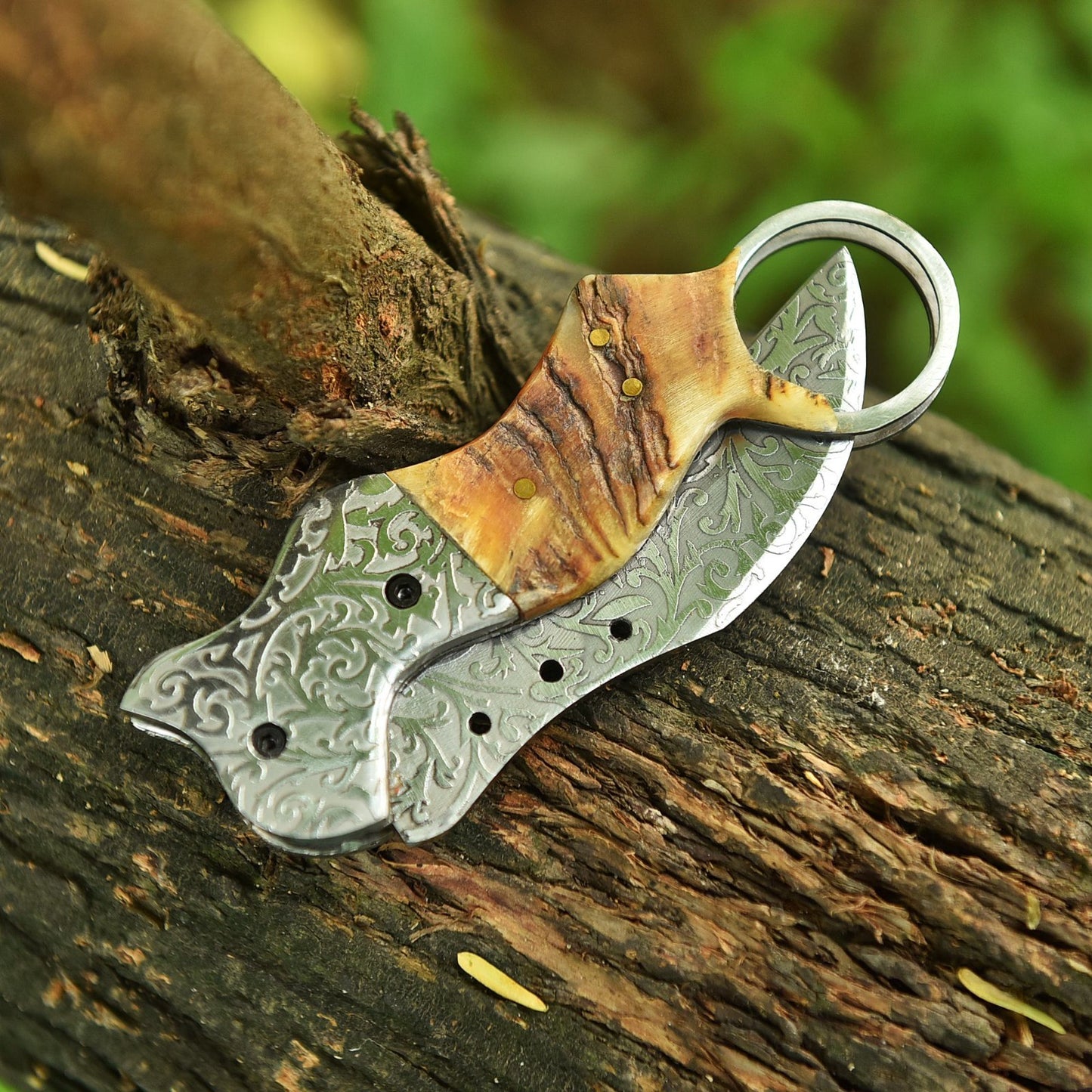 Handmade Folding Karambit Blade Pocket Knife - Engraved Blade With Leather Cover