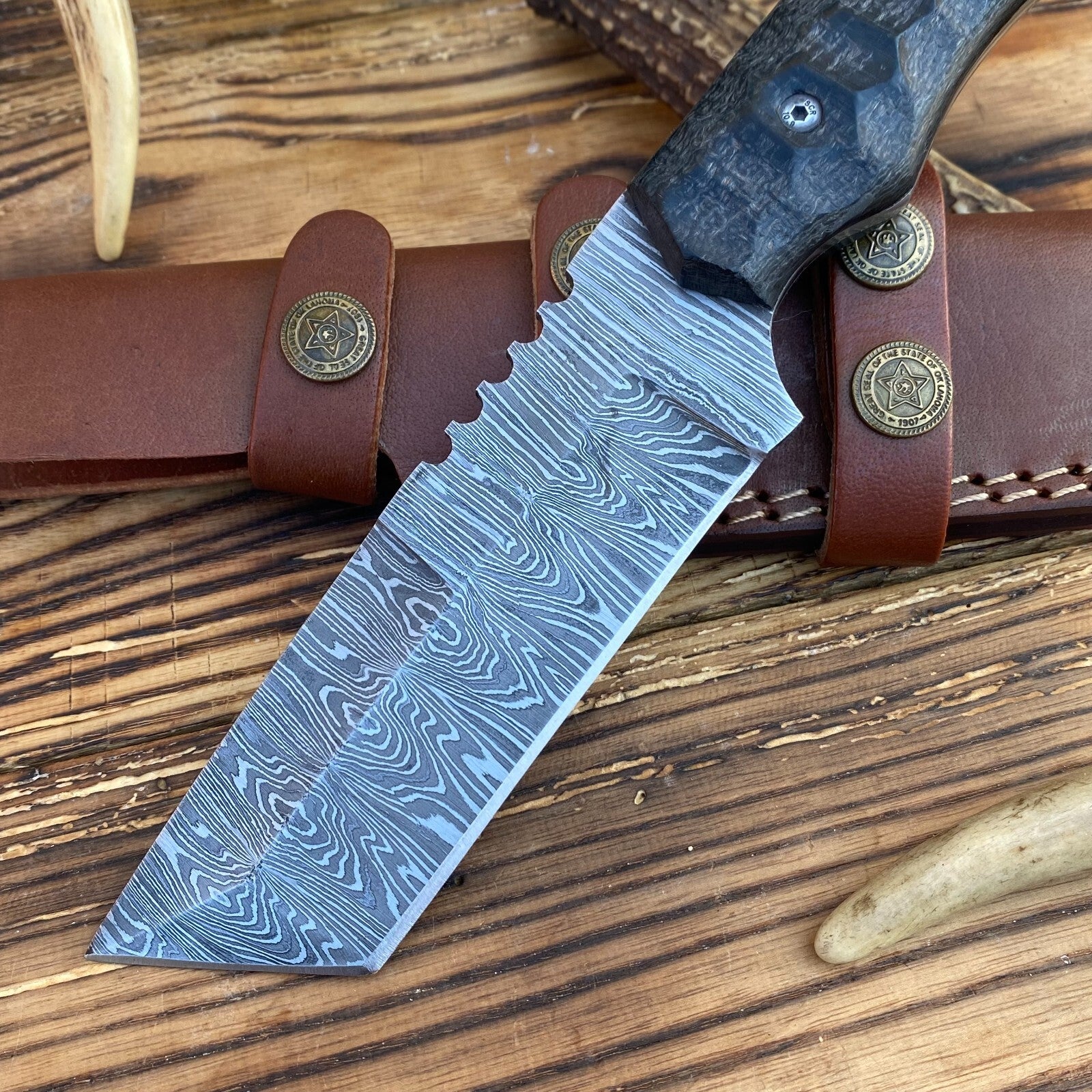 Hand-Forged Damascus Steel Tanto Blade Hunting & Tactical Knife with Leather Sheath | DRSKNIVES HUB 