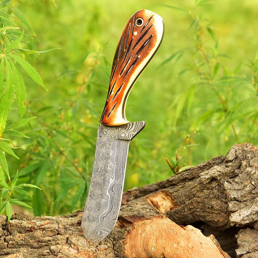 Custom Handmade Damascus Steel Bull Cutter Knife Bone Handle With Leather Sheath Cover