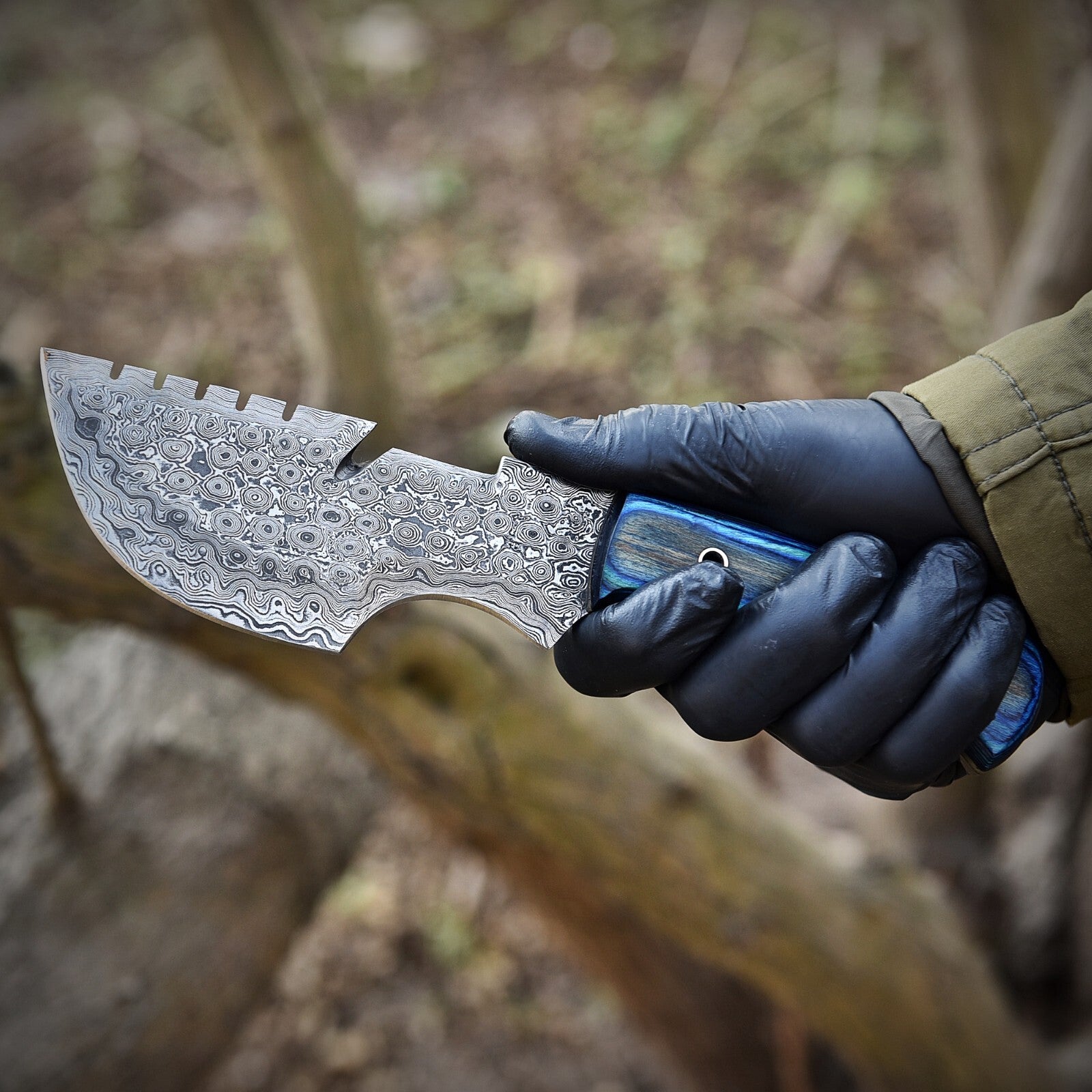 Handmade Tracker Knife – Damascus Steel Blade with Blue Wood Handle | Full Tang, 9" Overall Length |DRSKNIVES HUB