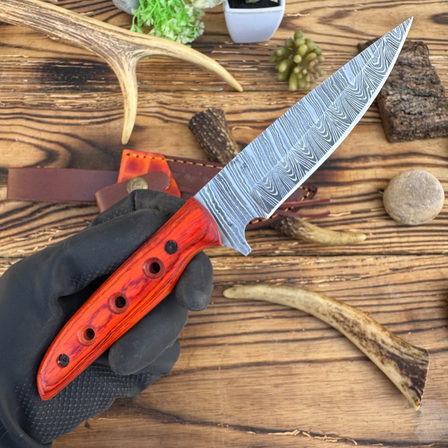 Custom Hand-Forged Damascus Steel Hunting Tactical Skinner Knife with Leather Sheath | DRSKNIVES HUB
