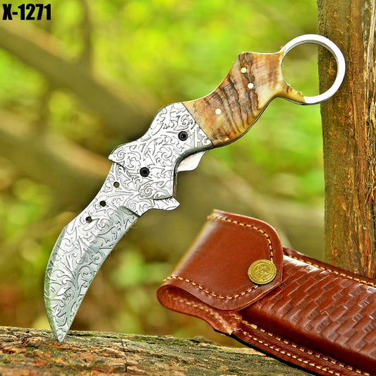 Handmade Folding Karambit Blade Pocket Knife - Engraved Blade With Leather Cover