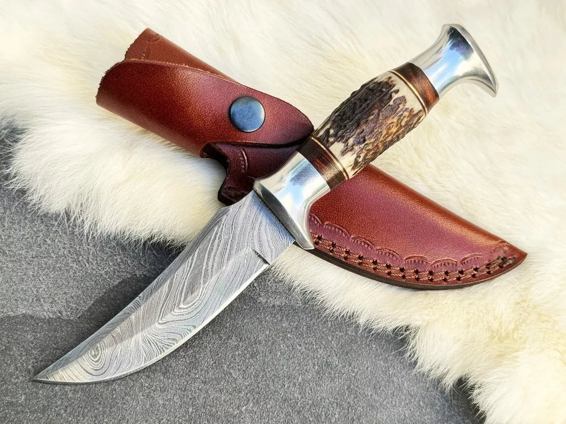 Damascus Steel Knife, Deer Antler Knife, Personalized Pocket Handmade Hinting ,outdoor, Camping Knife