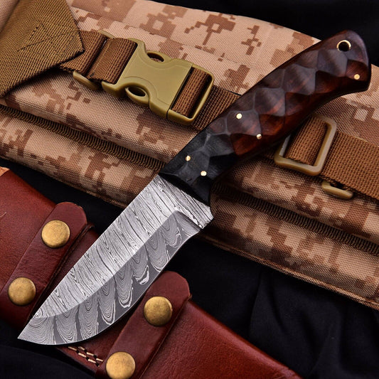 Hand Forged Damascus Steel Hunting Tactical Skinner Knife – 9" Full Tang with Leather Sheath| DRSKNIVES HUB