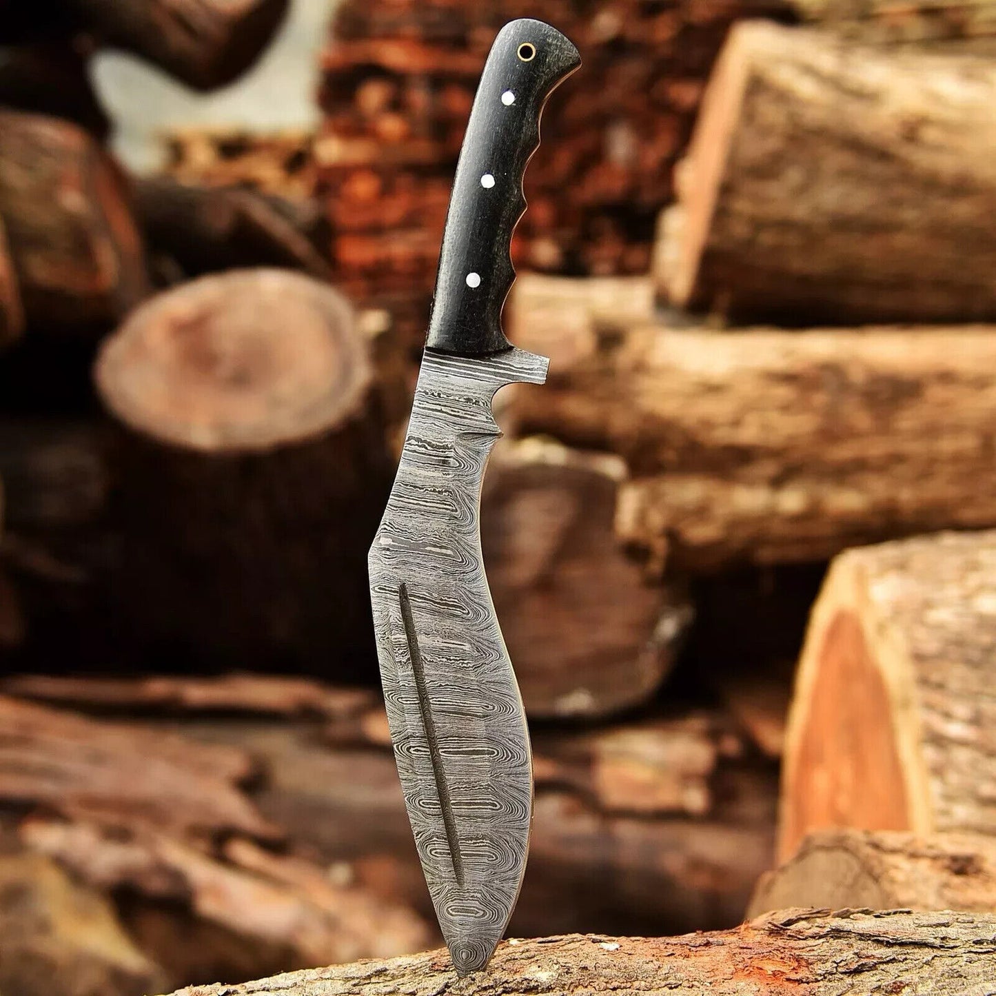 16" Custom Damascus Steel Kukri Knife – Hand-Forged Fixed Blade with Leather Sheath | DRSKNIVES HUB