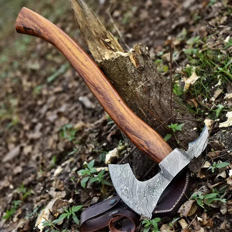 Custom Handmade Damascus Steel Battle & Hunting Axe with Leather Sheath | DRSKNIVES HUB